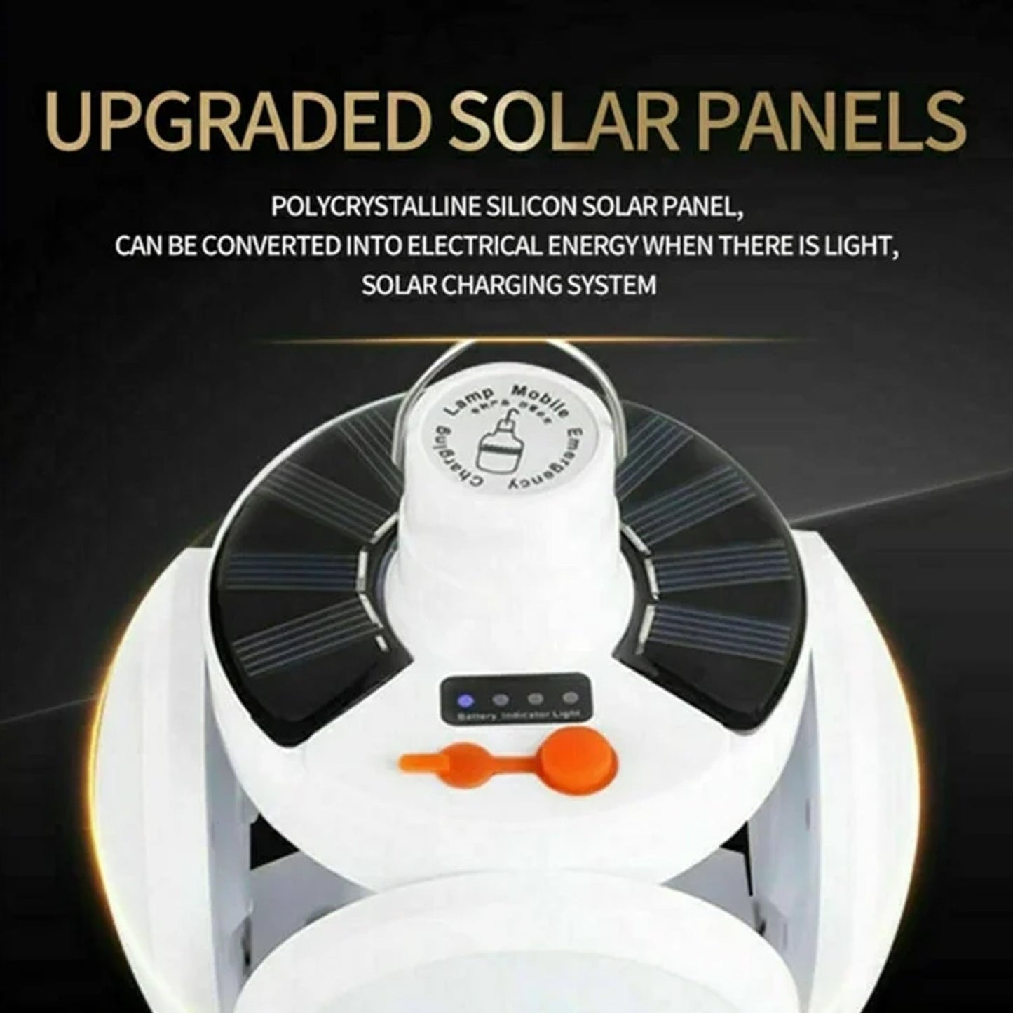Camping LED lamp showing foldable panels for wide light coverage