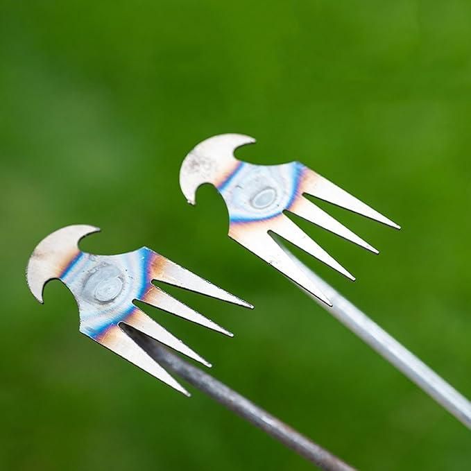 Metallic garden tools with decorative design on a green background, Metal weed puller showing sharp V-notch design and lightweight 250 gram construction for gardening