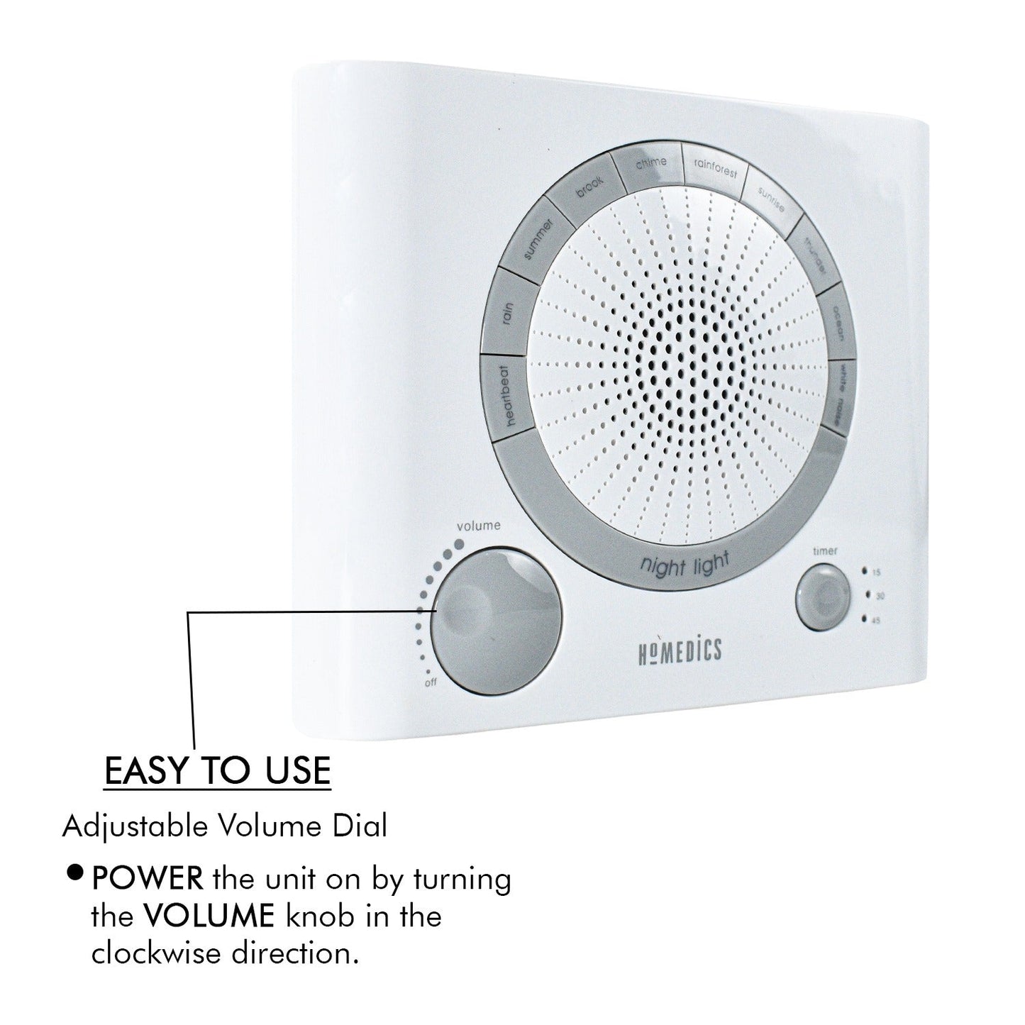 Angle view of sleep therapy machine with sounds and timer features. sleep sound machine, white noise machine, natural sound therapy, baby sleep aid, anxiety relief device, sleep timer device, stress relief machine