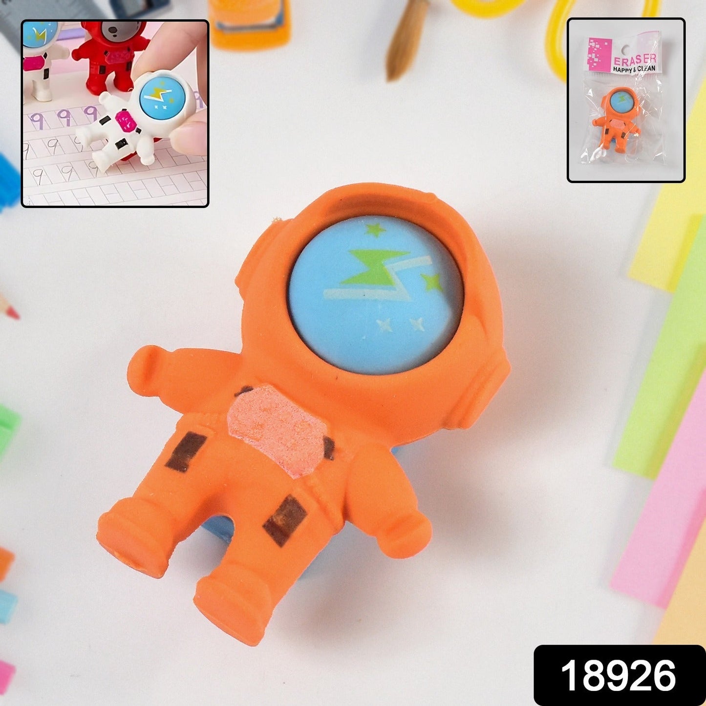 astronaut eraser with space look for students, creative space-themed eraser for return gift, mini astronaut eraser with stationery clip, cartoon pencil eraser for kids school use, unique astronaut eraser for writing and drawing, cool eraser design for kids' stationery collection