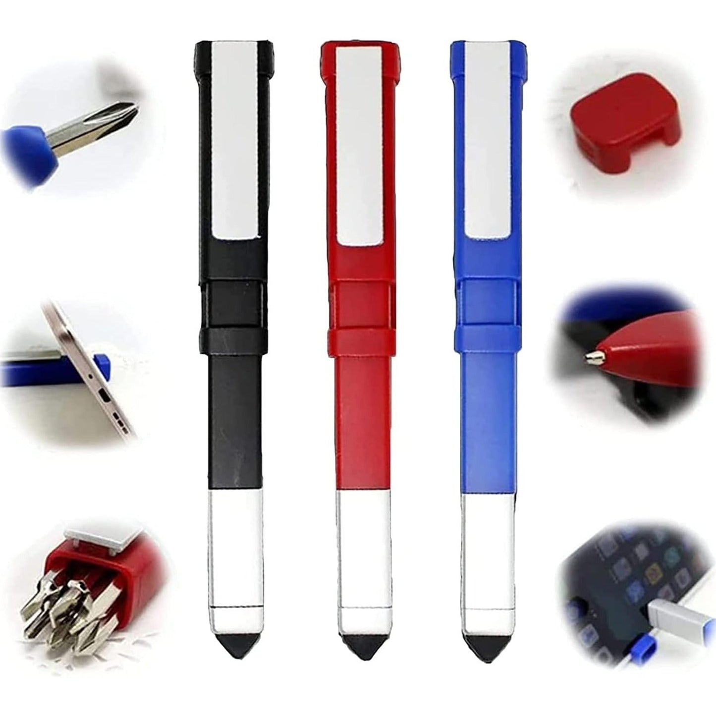 Versatile pen with screwdriver and stylus functions. tech tool pen, 4 in 1 pen tool, multi-function pen, screwdriver pen, mobile holder pen, stylus pen, pocket tool pen, travel pen with tools