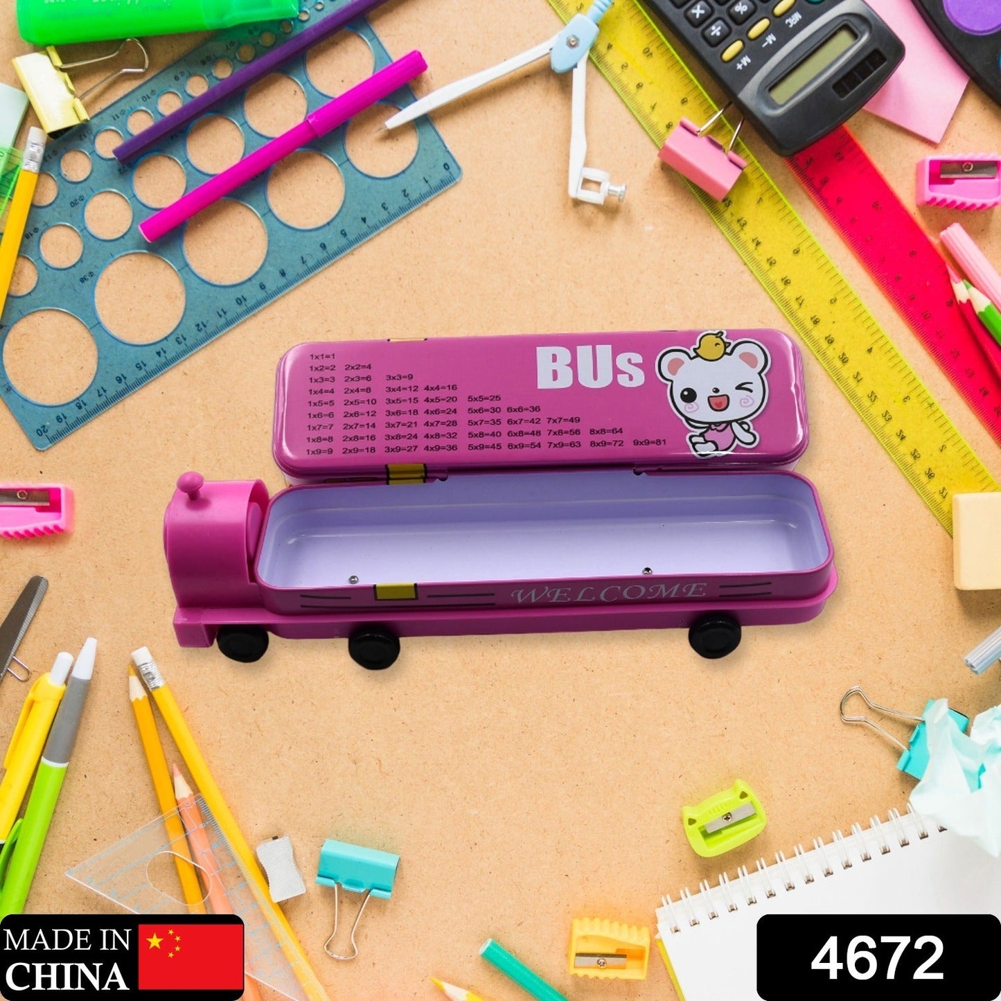 Metal bus compass pencil case with movable wheels. bus shape compass box, metal pencil case for kids, 2 layer kids compass box, sharpener pencil box, double decker bus stationery box, kids birthday gift