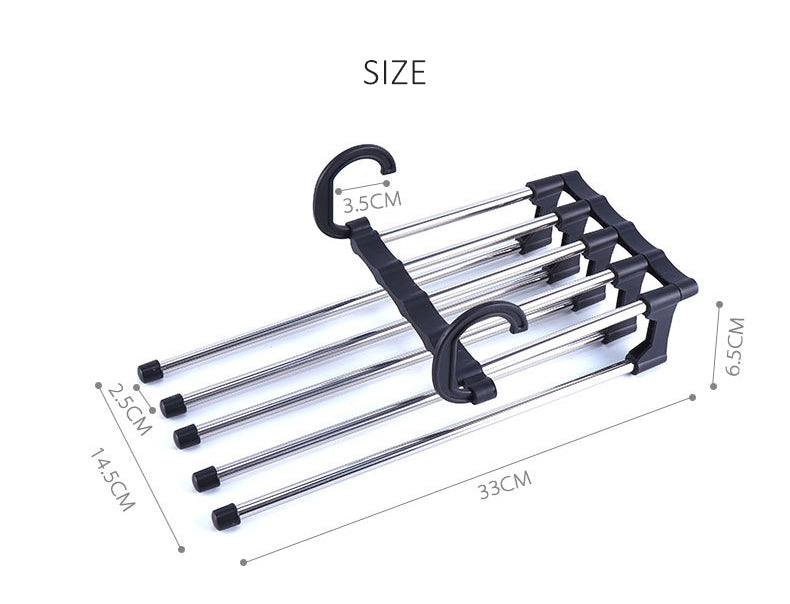 Adjustable hanger for trousers, designed for easy and efficient use. multi-layer pants hanger, 5 in 1 trouser hanger, folding pants rack, closet space saver, stainless steel pants hanger, travel trouser hanger, wardrobe organizer