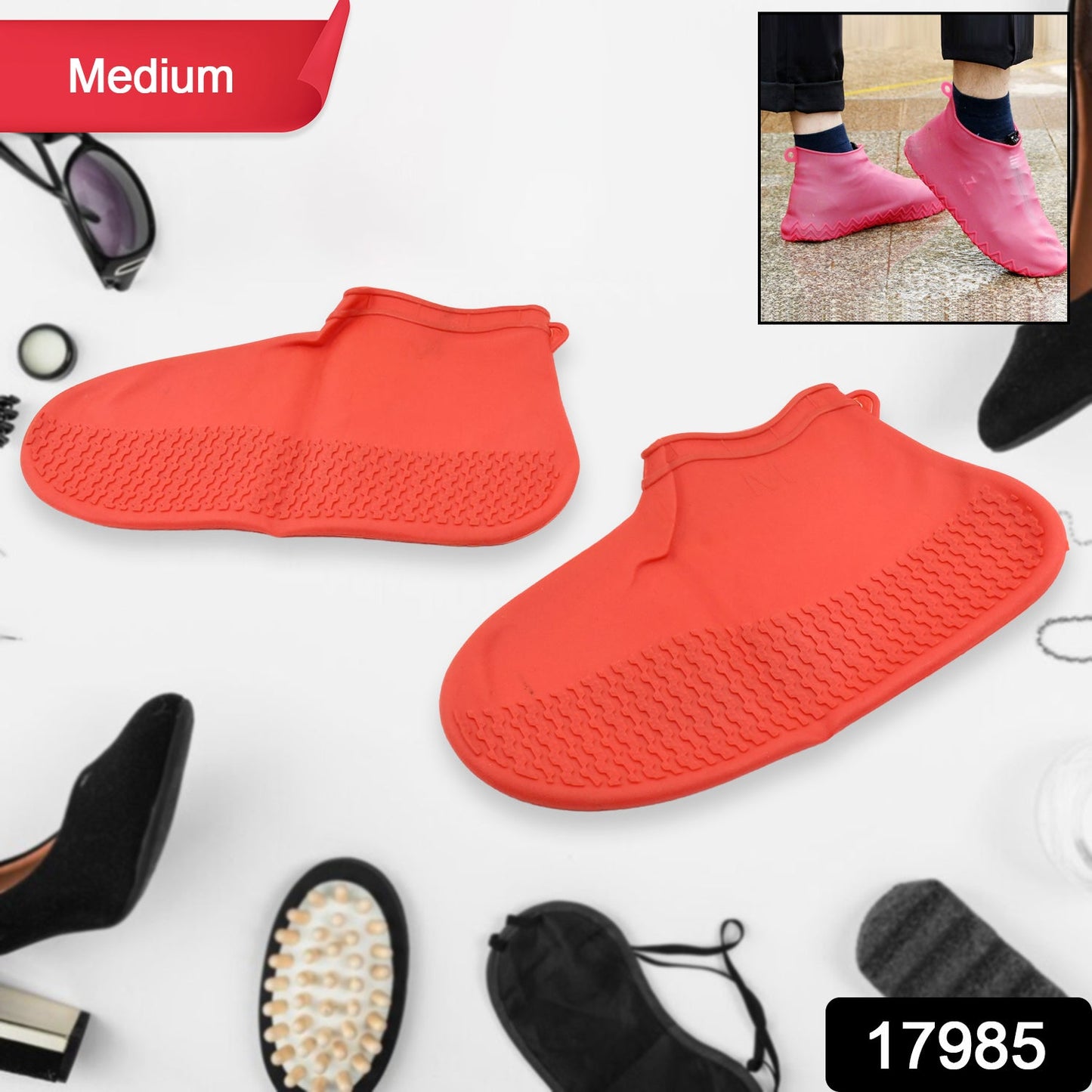slip-resistant red shoe cover for monsoon, rainproof silicone footwear protector, medium waterproof shoe wrap, 1 pair red silicone shoe protectors
