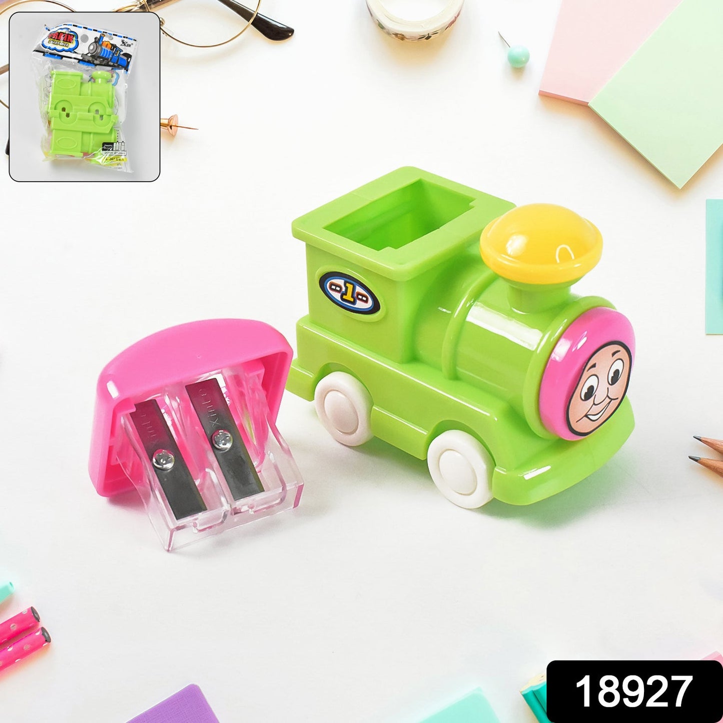 kids stationery sharpener with train design, colorful pencil sharpeners for return gift, cute train cartoon sharpener for school children, dual hole sharpener for thick and thin pencils, plastic train sharpener for kids pencil box,