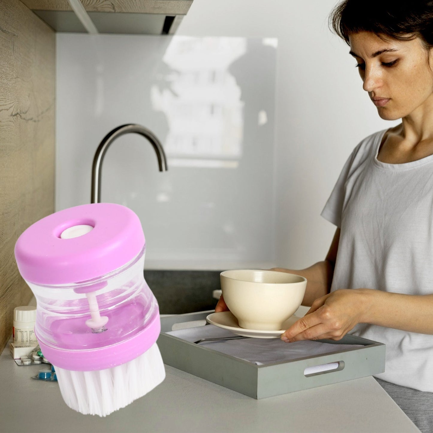 Multicolour wash basin brush with liquid soap dispenser. dish brush with soap dispenser, plastic dish cleaning brush, liquid soap scrubber brush, 2pc kitchen brush set, ergonomic kitchen scrub brush, utensil cleaning brush, sink brush with detergent tank