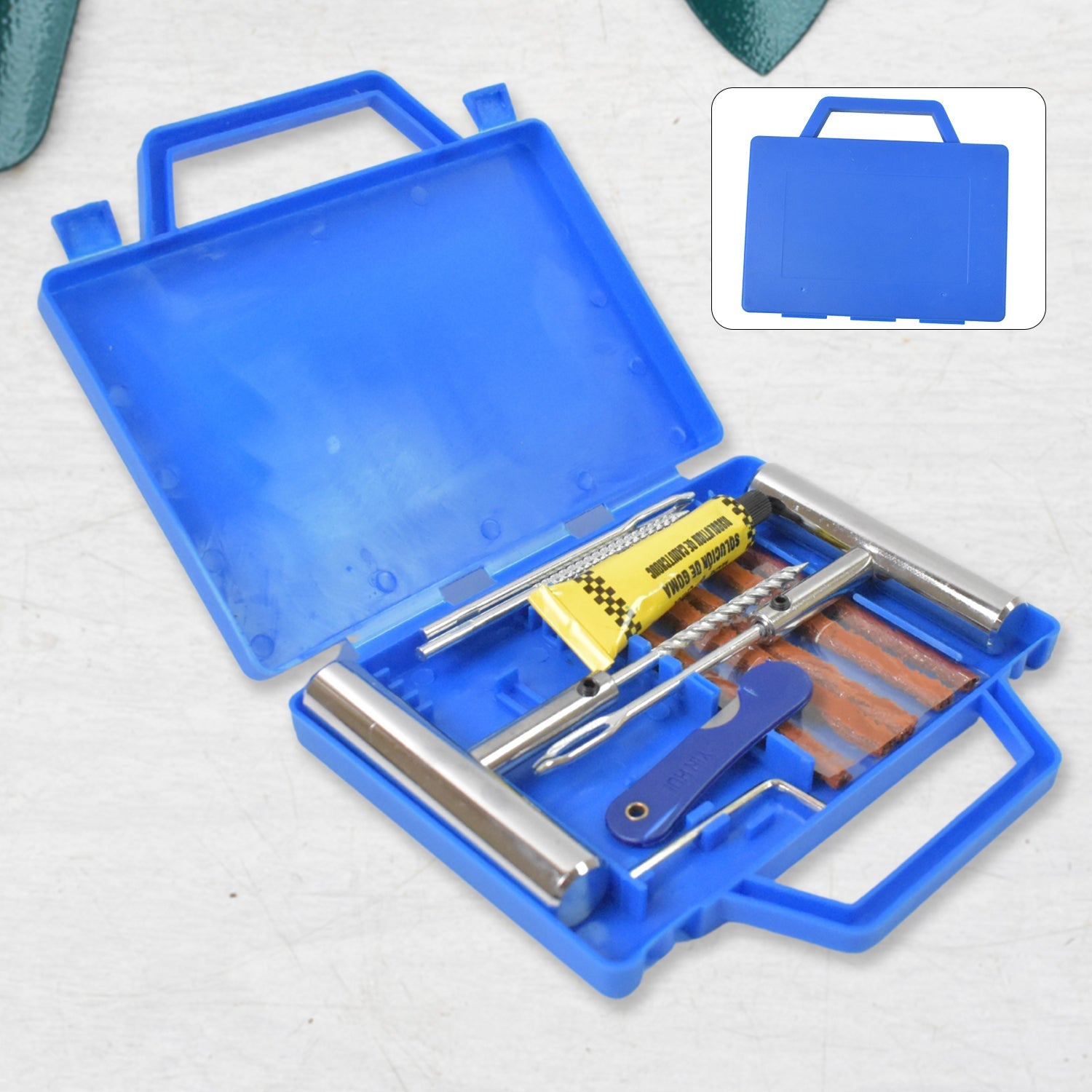 portable tire repair kit 13-piece with box, car tyre puncture repair tool set compact design, 13 piece plug tool kit for car and bike tyres, emergency tyre repair kit for cars and scooters,