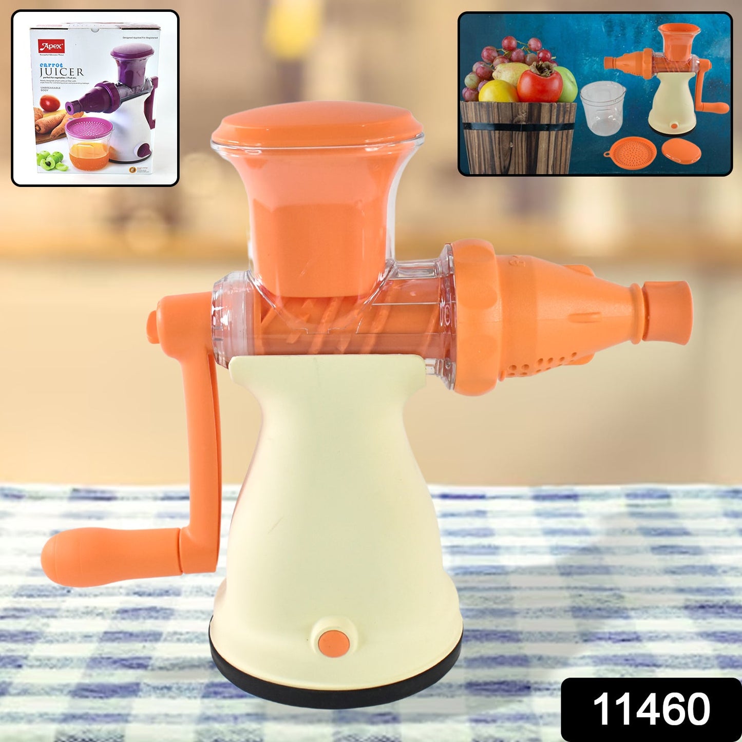 manual juicer for daily healthy drinks, heavy-duty juicer machine for home use, portable hand juicer for carrots and pomegranates, kitchen juicer with strong suction base and glass, compact and durable manual fruit juicer for Indian households