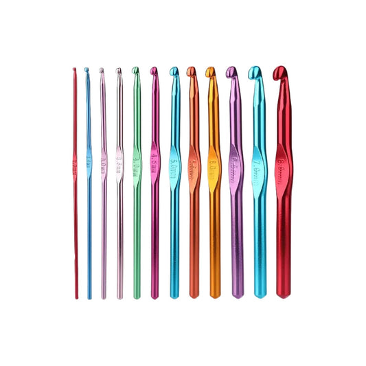multicolor aluminium knitting needles 12 pcs set, aluminium crochet hooks wool craft kit, colourful aluminium knitting needles for DIY projects, lightweight 12‑piece aluminium crochet hook set, smooth metal knitting needles for yarn

