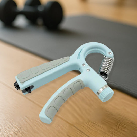 White adjustable hand gripper strength trainer with ergonomic non-slip handle.