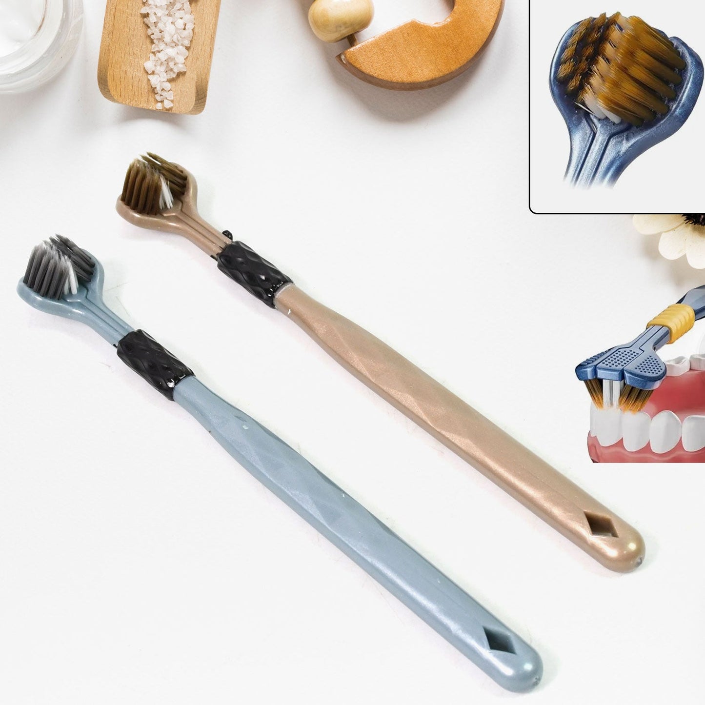 3-sided toothbrush set for adults, soft bristle triple head toothbrush, toothbrush for sensitive teeth and gums, triple action toothbrush for effective cleaning,