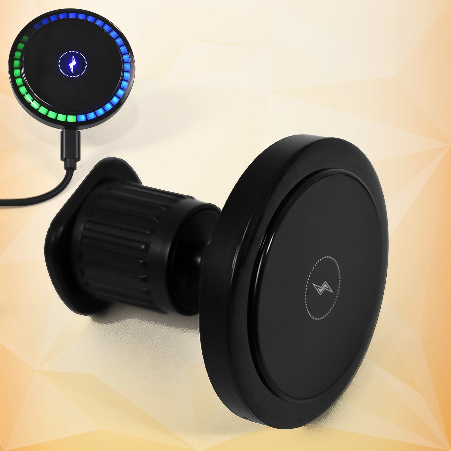 magnetic phone mount with wireless charging, fast charging phone holder with LED lights, mobile holder with music reactive lights, wireless charger mount for dashboard or desk, magnetic fast charger with RGB LED,