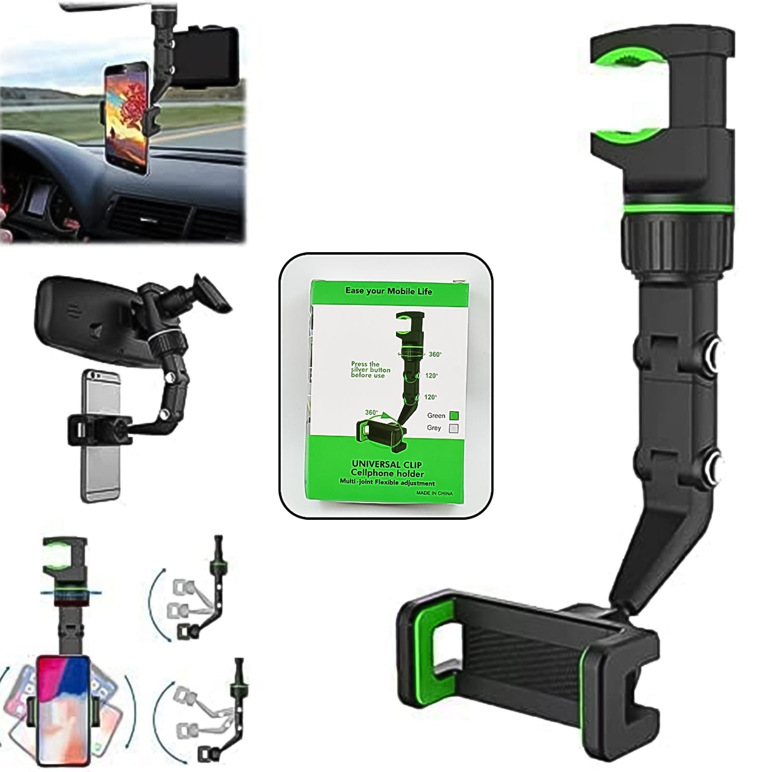 360 degree rotatable car mobile holder, multifunctional rear view mirror phone mount, car mobile stand for rear mirror, adjustable phone holder for car,
