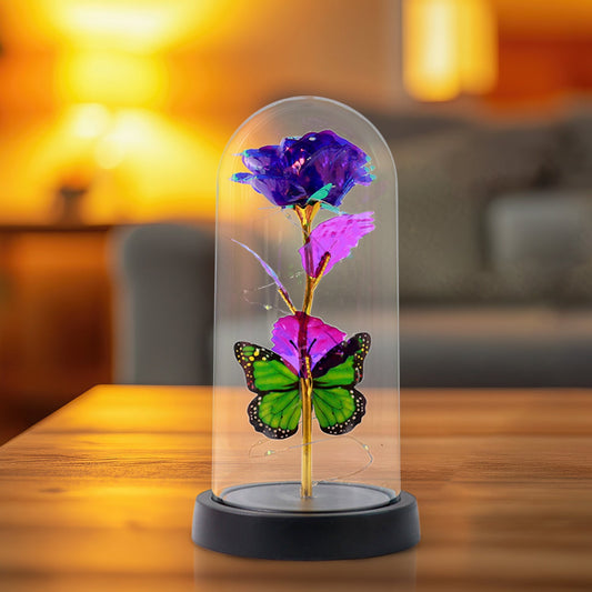 LED preserved rose in glass dome with butterfly, romantic LED rose night lamp for gifting, preserved flower dome lamp with fairy lights, colorful butterfly with LED rose decor piece,