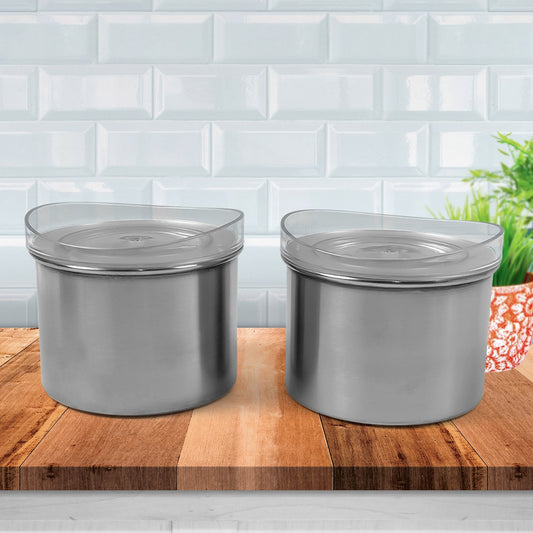 multipurpose steel airtight containers set of 2, stainless steel food storage containers with see-through lid, 500 ml steel containers for kitchen use,