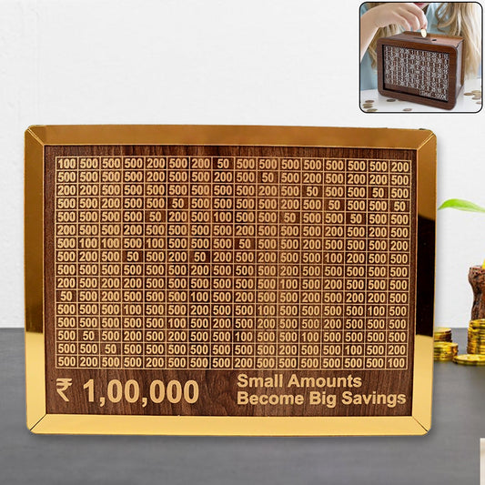 wooden money box piggy bank with goal tracker, savings challenge piggy bank for adults and kids, wooden coin box with transparent front for goal tracking, stylish wooden savings box for home décor, piggy bank with savings goal chart for motivation, 