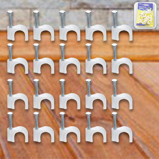 plastic cable clips with steel nail 40 piece set, round wire clips for wall mounting, cable management clips with nails for home and office, 40 pcs nail-in cable clips for wire organizing, strong wire clips with steel nails for cable support, white plastic cable clips for clean installations, wire holder clips with nails for electrical setup, heavy-duty round cable clips for securing wires, nail-mounted wire clips for home cable management, organized cable setup using plastic round wire clips

