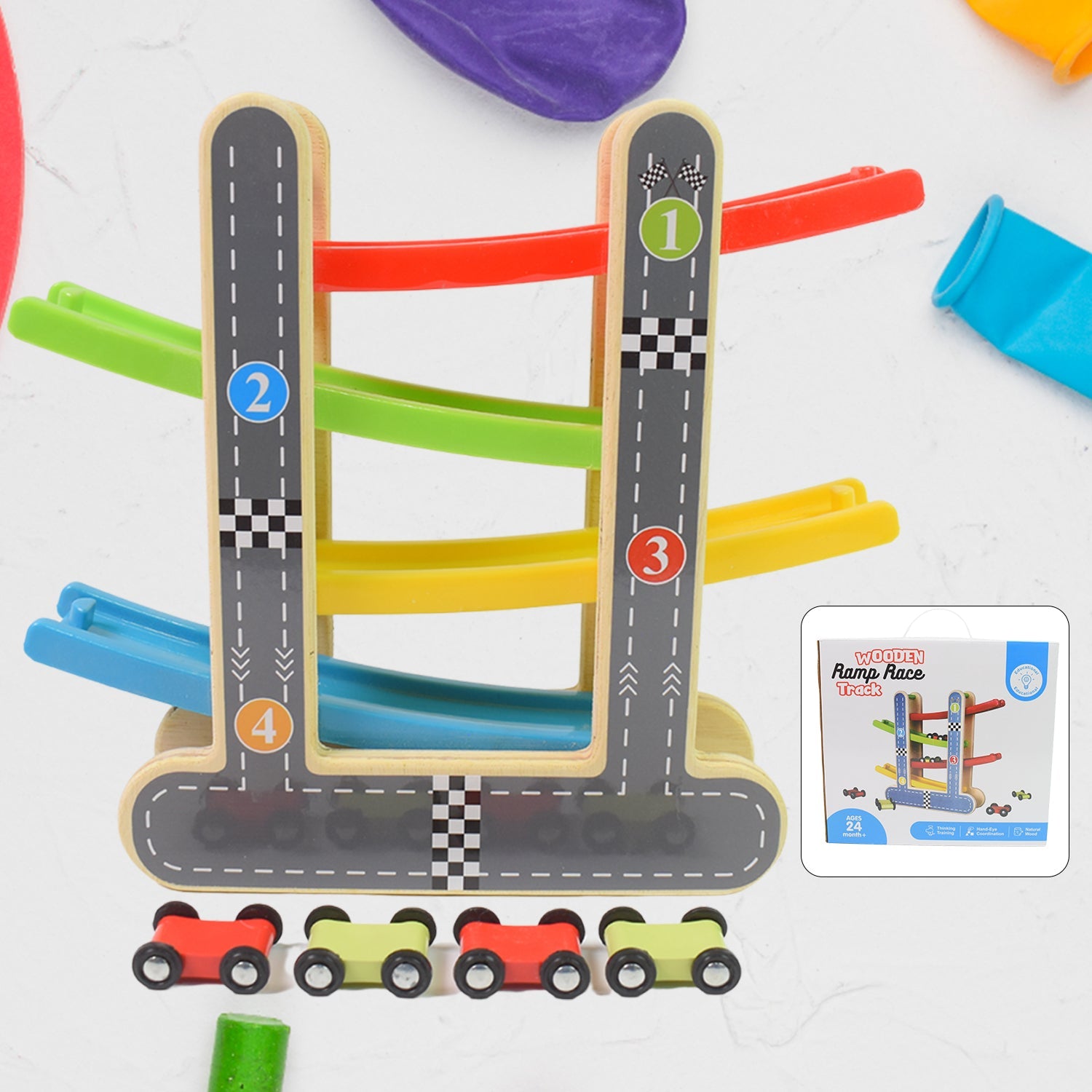 wooden car racer track play set for kids, click clack toy race track with 4 mini cars, wooden car ramp toy for toddlers, colorful race track toy for boys and girls,