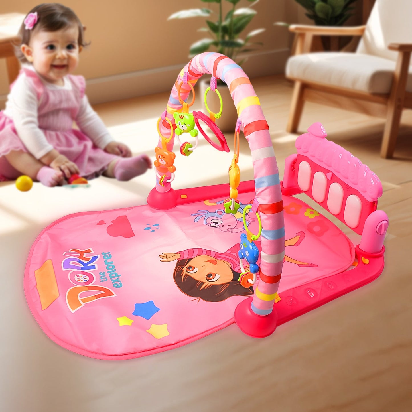 baby kick and play piano gym mat, 2-in-1 musical playmat for infants, baby fitness rack with piano keys, colorful infant activity gym mat,