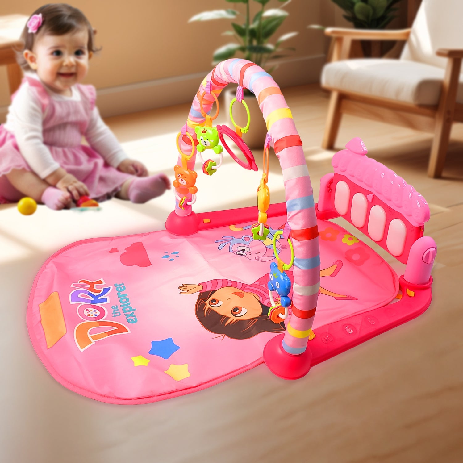 baby kick and play piano gym mat, 2-in-1 musical playmat for infants, baby fitness rack with piano keys, colorful infant activity gym mat,