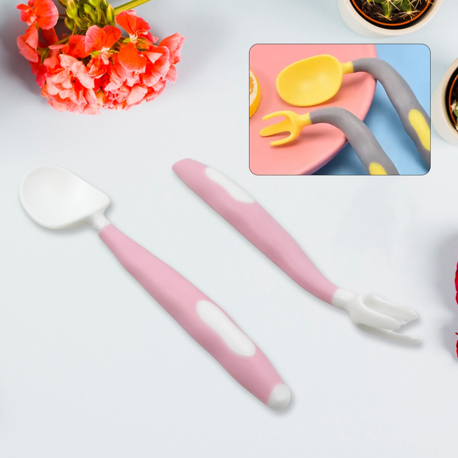 silicone bendable kids spoon and fork set, toddler utensils for self-feeding, soft silicone feeding set for babies, baby spoon and fork set with flexible handles,