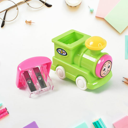 train shaped double hole pencil sharpener for kids, cartoon train sharpener set of 2 pcs, fun pencil sharpener with double holes for school,