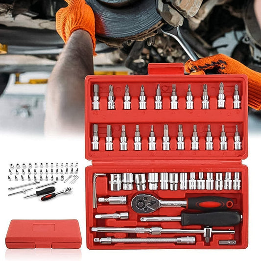 46 pcs socket tool kit red, 1/4 inch drive socket wrench set, combination repair toolkit for car bike and home, red tool box socket set,