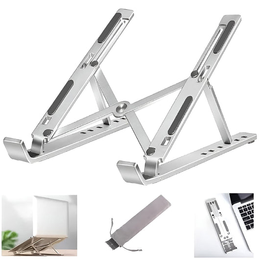 foldable height adjustable laptop stand for desk, portable ergonomic laptop stand for work from home, compact laptop riser with adjustable height, lightweight foldable stand for laptops and tablets, laptop stand for better posture and neck relief