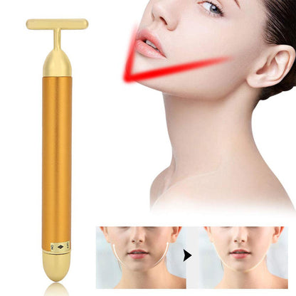 gold vibrating face massager, 24k gold facial massage roller, T‑shape anti‑aging face massager, portable skin lifting beauty tool, cordless golden energy face massager

