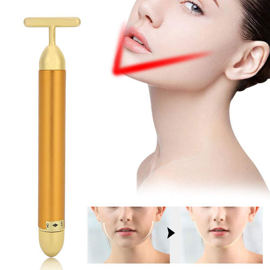 gold vibrating face massager, 24k gold facial massage roller, T‑shape anti‑aging face massager, portable skin lifting beauty tool, cordless golden energy face massager

