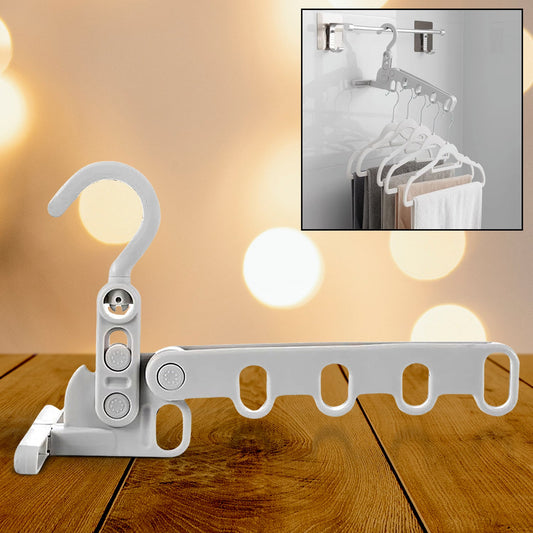 5-hole foldable clothes hanger for travel, compact clothes rack with foldable design, space-saving travel hanger with 5 slots, multi-slot hanger for small wardrobes and hostels,