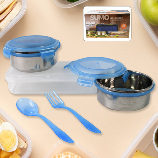 sumo plastic lunch box with spoon and fork, leak-proof tiffin box set with bag, 2 pc lunch box set for school and office, plastic tiffin box with cutlery and carrying pouch,