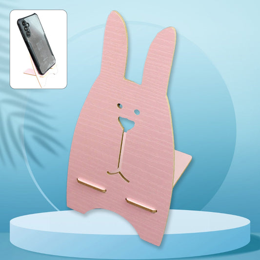 wooden rabbit mobile stand for desk, cute bunny phone holder made of wood, portable mobile phone stand with rabbit design, wooden bunny phone holder for kids and gifting, stylish wooden mobile stand for table use, 