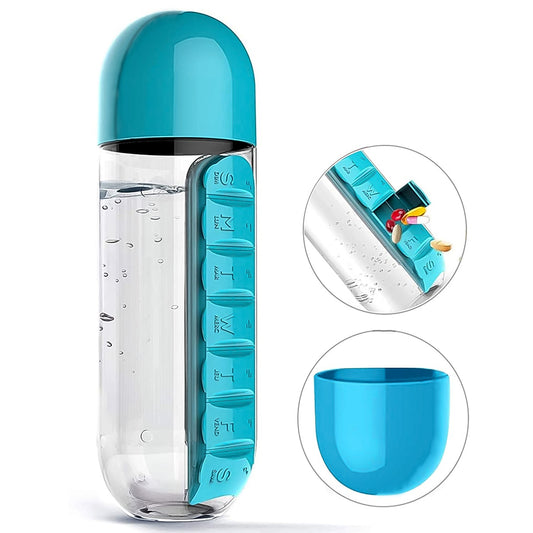 multi-use water bottle with pill storage compartment, 600 ml travel bottle with medicine organizer, pill and water bottle combo for gym and travel, 