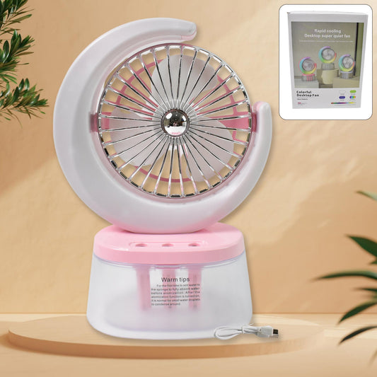 desktop fan with LED light and humidifier, portable table fan for camping and home use, USB plug and play fan with night light, compact fan with mist and LED lamp,