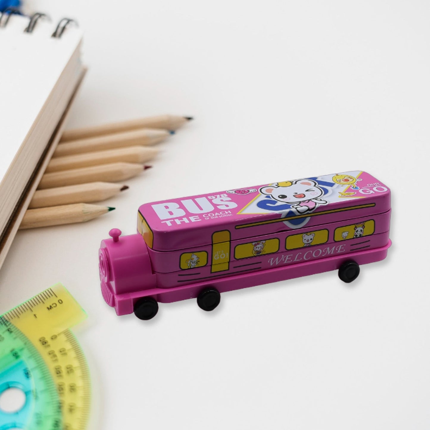 Magic bus pencil case with sharpener and compartments. bus shape compass box, metal pencil case for kids, 2 layer kids compass box, sharpener pencil box, double decker bus stationery box, kids birthday gift