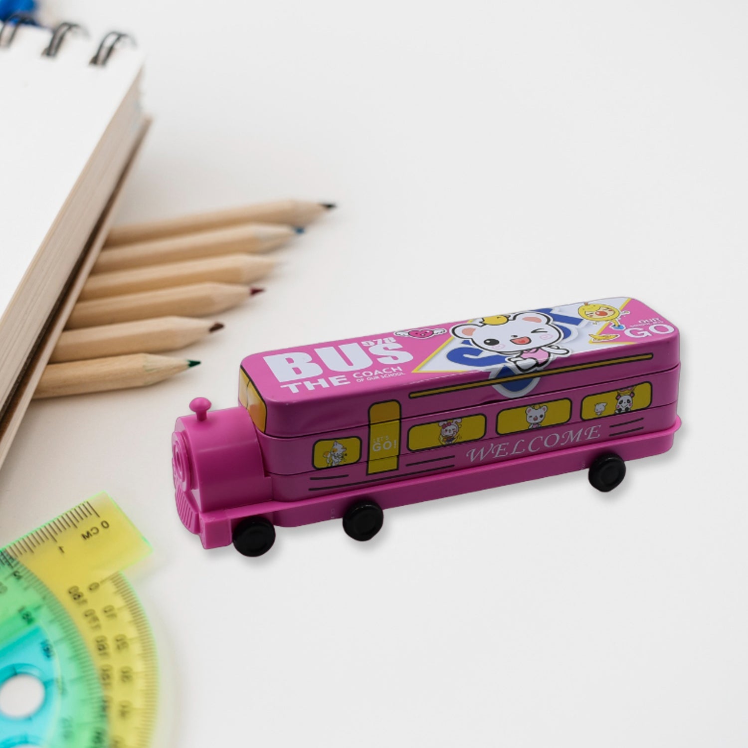 Magic bus pencil case with sharpener and compartments. bus shape compass box, metal pencil case for kids, 2 layer kids compass box, sharpener pencil box, double decker bus stationery box, kids birthday gift