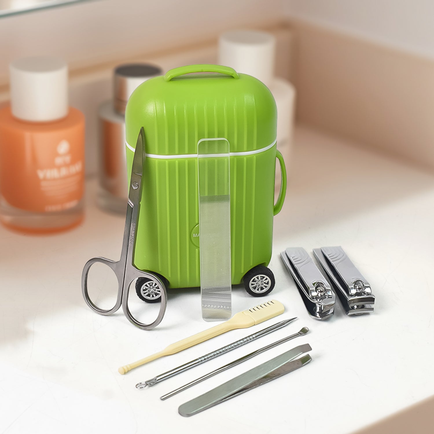 8-piece manicure pedicure kit with trolley case, professional nail care set in mini trolley, stainless steel grooming tools set, manicure pedicure kit with wheels and case, 