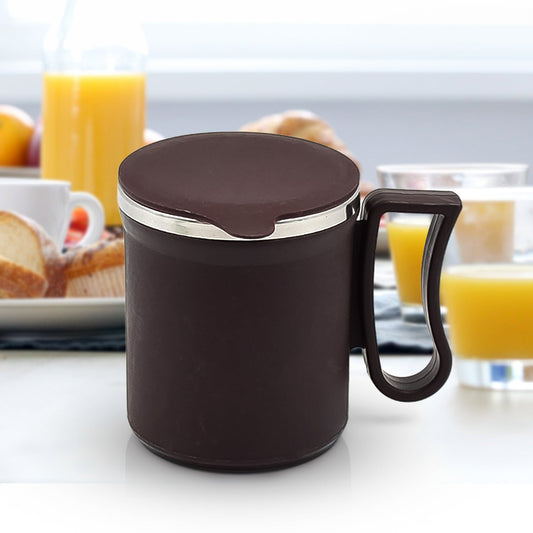 double-wall stainless steel coffee mug 200 ml with lid and handle, plastic-covered insulated coffee mug with snap-on lid, 200 ml travel coffee mug with handle, compact hot-cold beverage mug with lid

