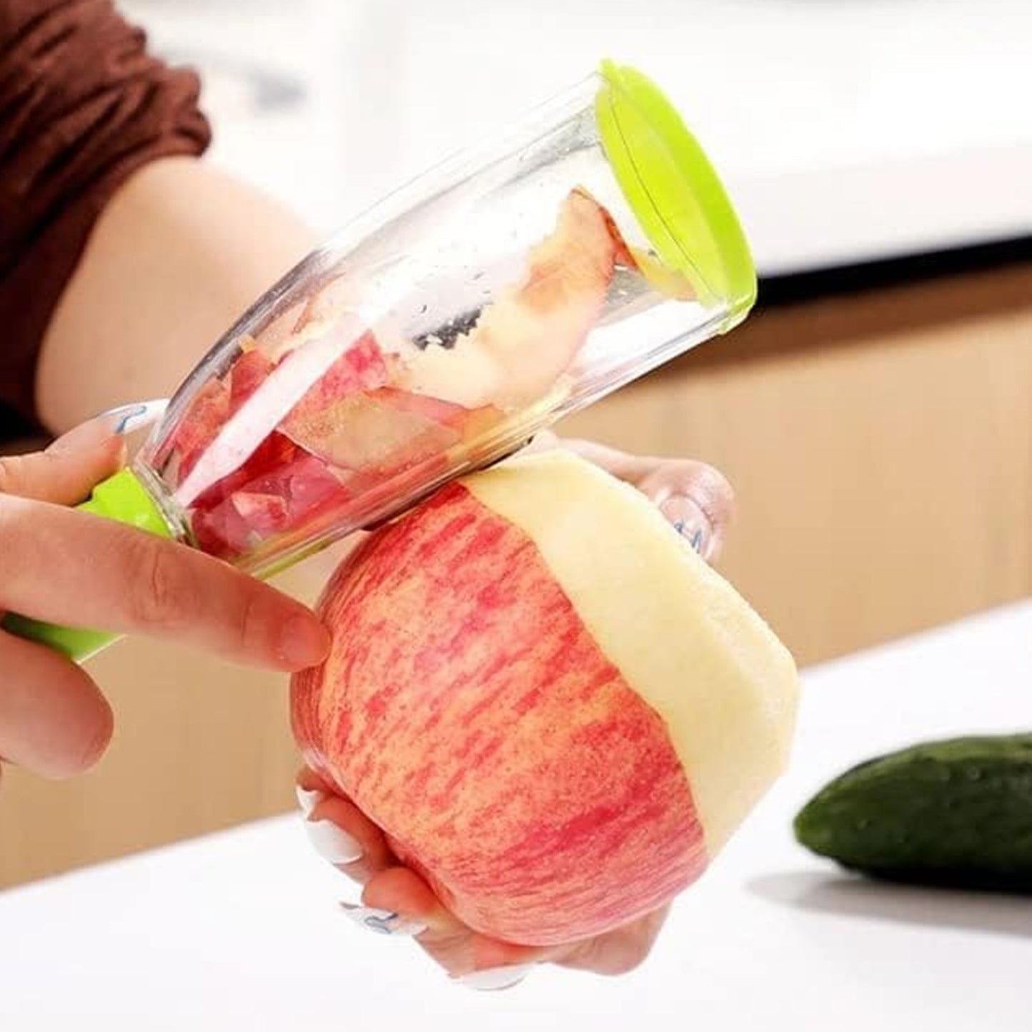 smart vegetable peeler, fruit peeler with container, stainless steel blade peeler, mango peeler, kitchen peeler with waste catcher, ergonomic fruit peeler