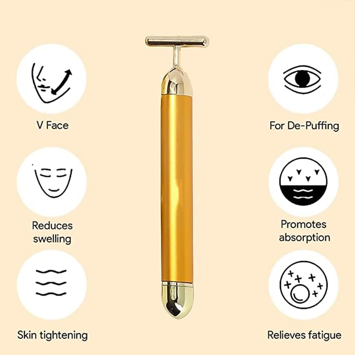 24k gold vibrating face massager for skin lifting, T‑shape energy beauty bar facial massager, rechargeable golden face roller anti aging,