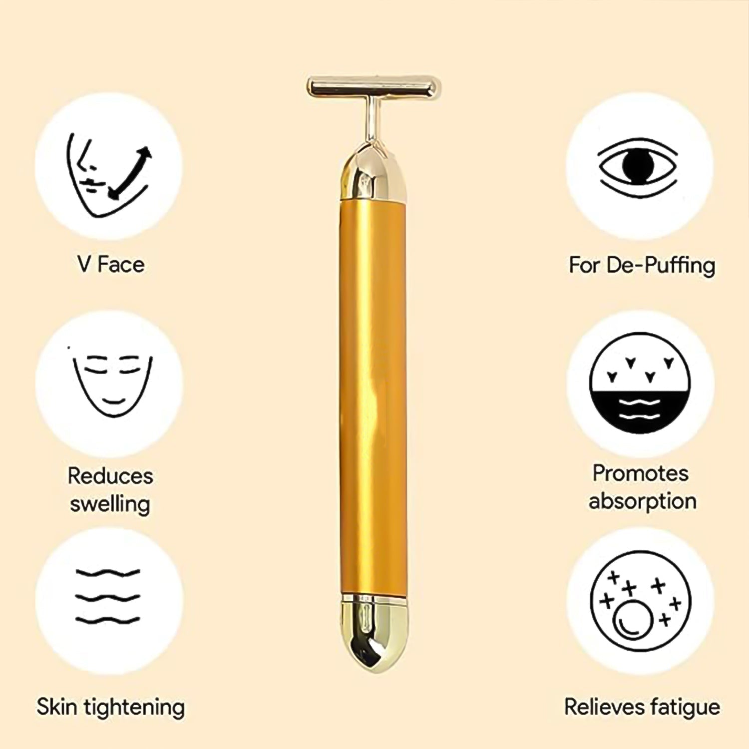 24k gold vibrating face massager for skin lifting, T‑shape energy beauty bar facial massager, rechargeable golden face roller anti aging,