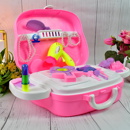 portable kids makeup suitcase with salon accessories, best makeup kit toy for little girls in India, pretend play beauty set with suitcase for children, cosmetic makeup set for kids with brush and mirror, gift-worthy beauty case for girls with salon tools,
