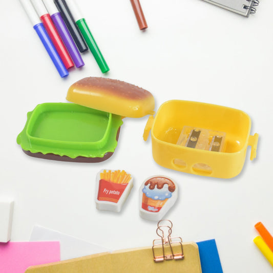 burger shape pencil sharpener for kids, cute plastic double-hole sharpener with eraser, fun burger design sharpener and eraser combo, kids stationery set with pencil sharpener and eraser, burger pencil sharpener 2-pack for school use,