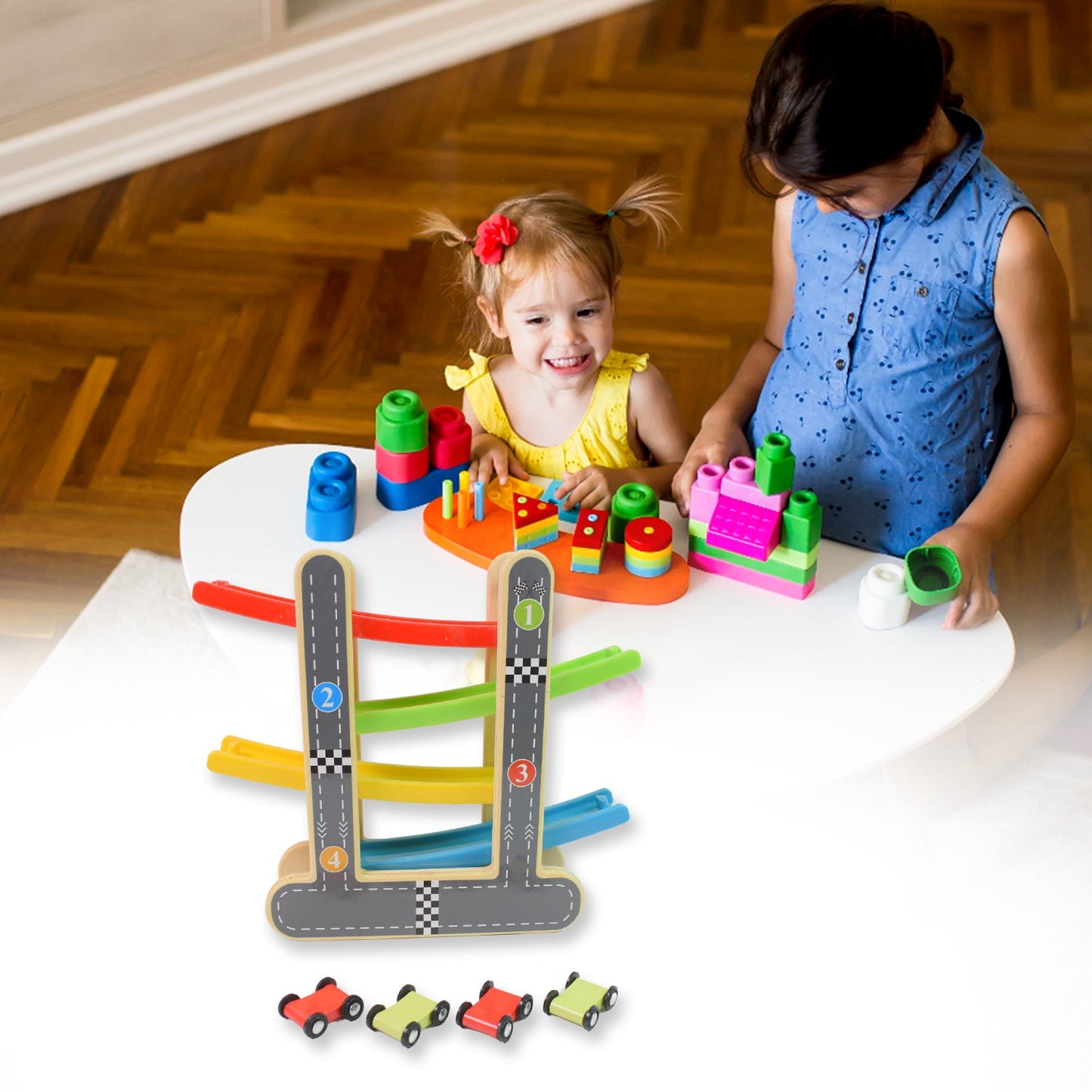 wooden toys for kids, car track toy, racer track toy, wooden race track, click clack toy, ramp car toy for toddlers, wooden car toy set, kids racing toy India, gravity car ramp, toy car track set

