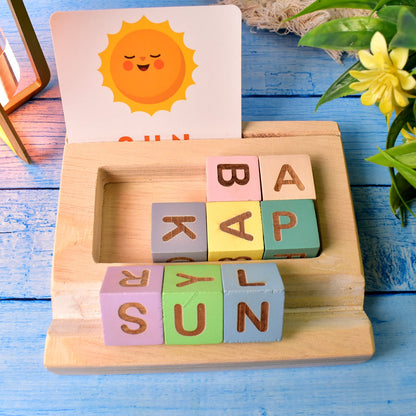 alphabet puzzle for kids, spelling game for children, kids learning flash cards, wooden blocks for kids, educational toys India, reading toys for toddlers, ABC flashcards, preschool learning toys, alphabet blocks and cards, early education puzzle

