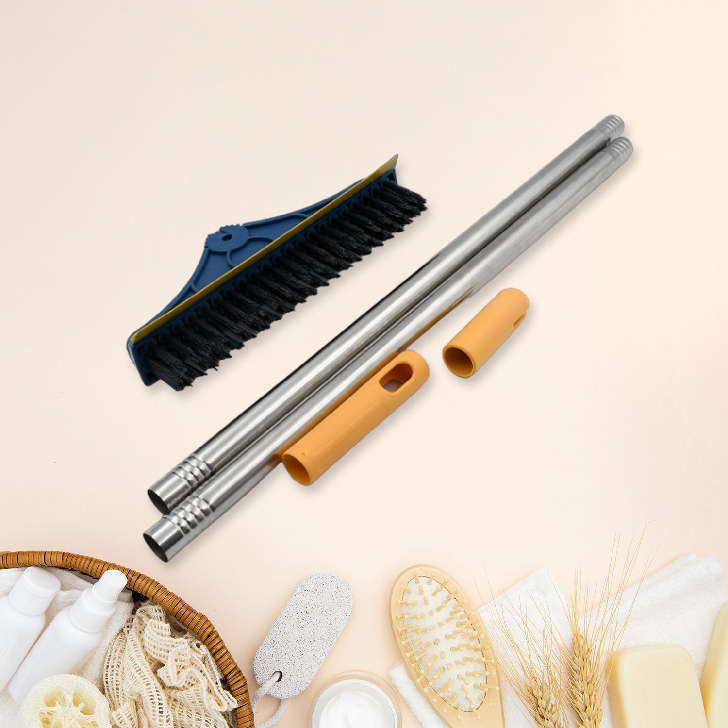 Cleaning brush with wiper, long handle, for versatile use, floor cleaning brush, cleaning brush with wiper, long handle scrubber, 2 in 1 bathroom brush, kitchen floor wiper, triangular cleaning brush, home cleaning tools