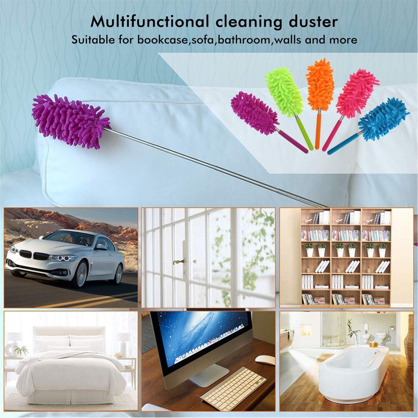 microfiber duster, extendable cleaning brush, ceiling fan duster, multipurpose duster, car interior cleaner, wall corner duster, washable dust cleaner