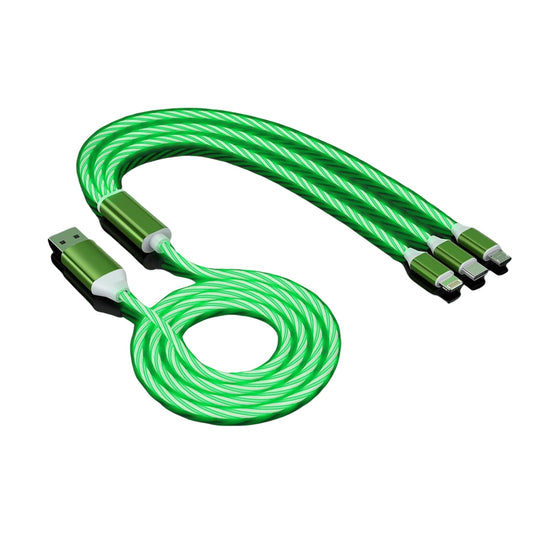 3 in 1 fast charging cable with LED light up, multi‑port USB cable for Android iPhone Type C, lighted flow LED charging wire, fast charge three‑connector USB cable, durable TPE light up charging cable

