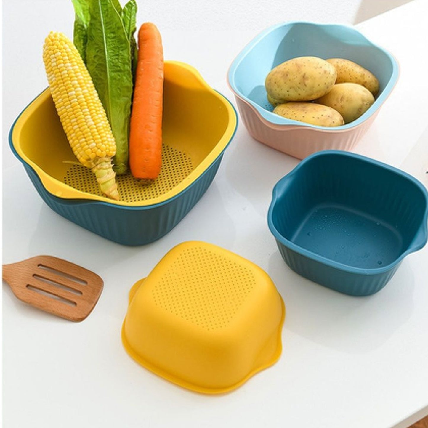 kitchen washing bowl, strainer basket set, plastic drain bowl, 2 pcs kitchen bowl, kitchen colander basket, vegetable strainer, rice washing bowl, fruit rinsing basket